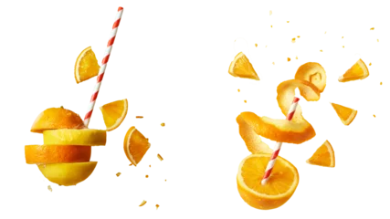 Gordijnen Water splashing on fresh sliced oranges with straw © nazim
