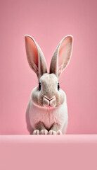 Lovely white rabbit isolated on pink background. Upright photo. Space for text.