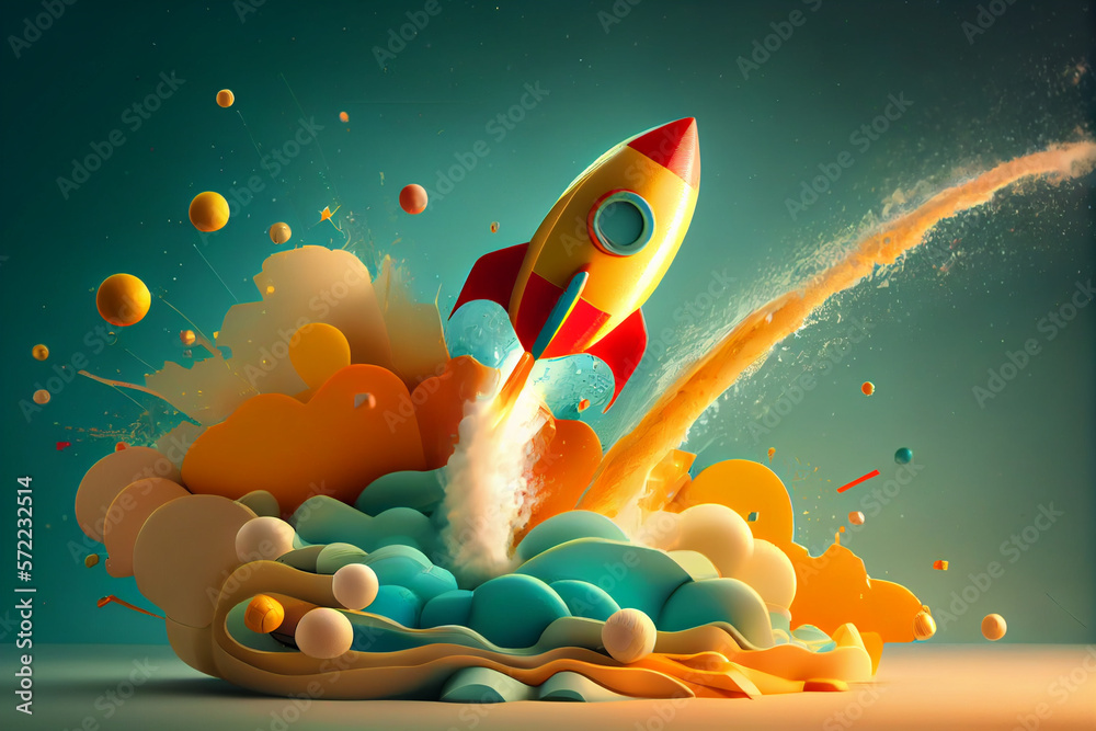 Poster beautiful abstract illustrations on a bokeh background, a toy rocket launches from the books and beg