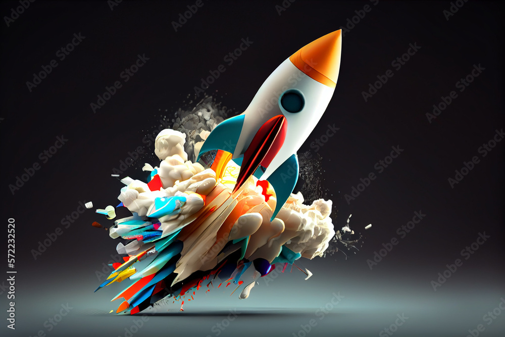 Aufkleber beautiful abstract illustrations on a bokeh background, a toy rocket launches from the books and beg