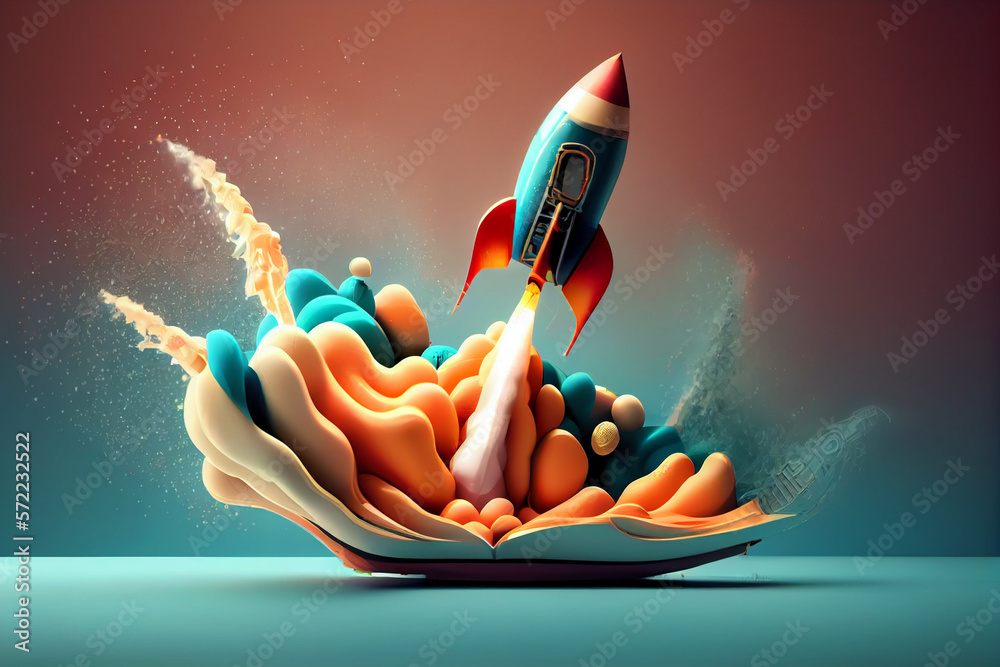 Poster beautiful abstract illustrations on a bokeh background, a toy rocket launches from the books and beg