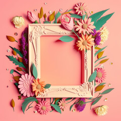 Obraz premium Beautiful variety of spring flowers with pastel pink background decorating frame to place text.
