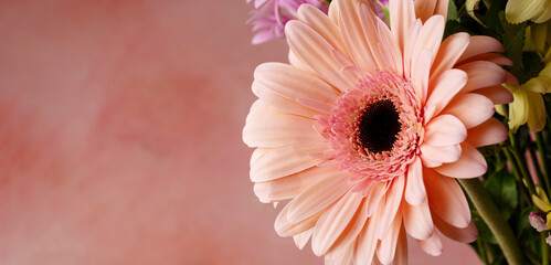 Abstract floral wallpaper with fresh gerbera daisy, roses and chrysantemum.