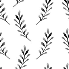 Silhouettes of leaves olive seamless pattern. Hand drawn illustration in simple scandinavian doodle cartoon style. Isolated black branches on a white background