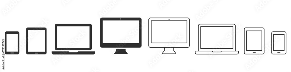 Poster computer laptop smartphone tablet icon. device flat and line icons set. vector