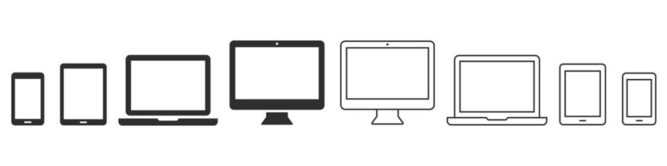 Computer Laptop Smartphone Tablet icon. Device flat and line icons set. Vector