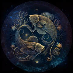 Zodiac sign Pisces, starry night, highly detailed, dark smooth background AI Generated