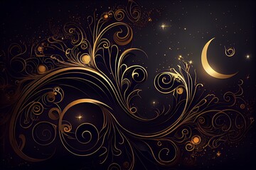 wallpaper, starry night, golden elements, dark smooth background AI Generated