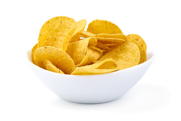 Mexican nachos chips, corn tortilla crisps, isolated on white background.