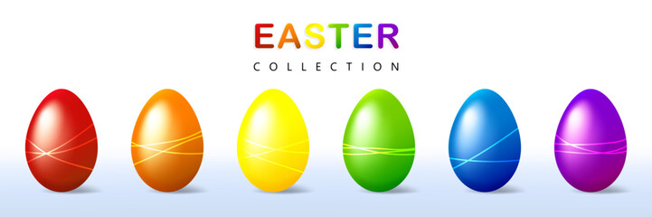 Set of realistic Easter eggs in bright rainbow colors on white background. Vector illustration.