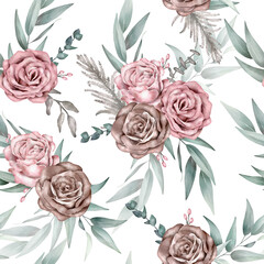 Watercolor Floral Pattern. Roses and leaves.