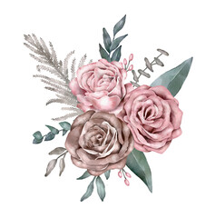 Watercolor Floral bouquet. Roses and leaves.