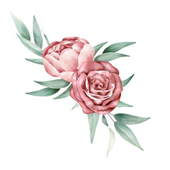 Watercolor Floral bouquet. Peony, rose and leaves.