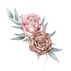 Watercolor Floral bouquet. Roses and leaves.