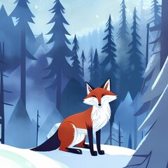 illustration of fox in forest winter season generative art by A.I.