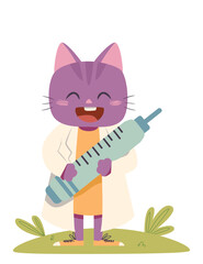 Cat Doctor with an Injection - Hand Drawn