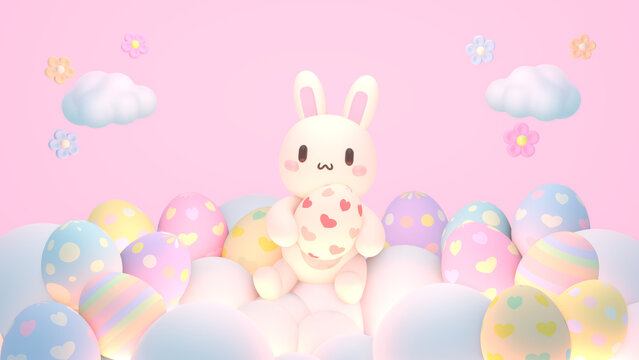 3d rendered cartoon bunny and Easter eggs on the clouds.