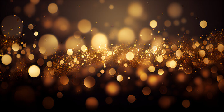 Gold background with bokeh effect luxury sparks. Design element for banner, background, wallpaper, header, poster or cover.