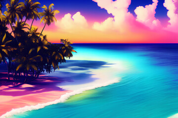 Fototapeta na wymiar 80s vibe Sunset on a tropical beach with palm trees. Generative AI