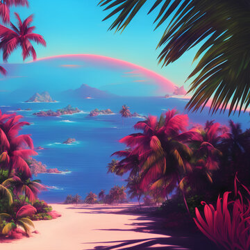 80s Vibe Tropical Island With Palm Trees, View From The Beach. Colorful Landscape. Generative AI