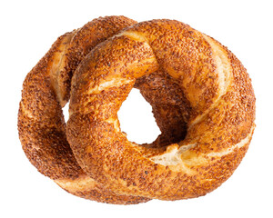 Traditional turkish simit. Two turkish bagels with sesame seeds isolated on white.