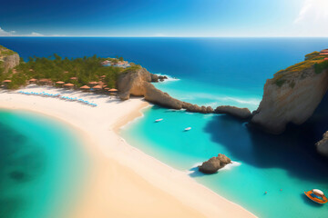Obraz premium Aerial view of blue sea, beautiful sandy beach, stones and rocks in water in summer. Tropical landscape with sea shore. Top view. AI generated.