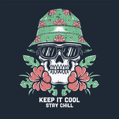 skull with bucket hat and tropical flower vector
