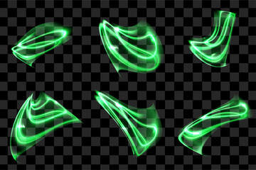 Set of green neon basic elements swirl and wavy abstract shapes