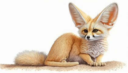 Little Cute Fennec fox watercolor paint on white. Generative AI - obrazy, fototapety, plakaty
