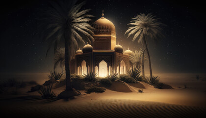 Mosque and Date Palms at Night with Ramadan Atmosphere - Generative AI