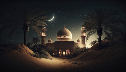Mosque and Date Palms at Night with Ramadan Atmosphere - Generative AI - obrazy, fototapety, plakaty