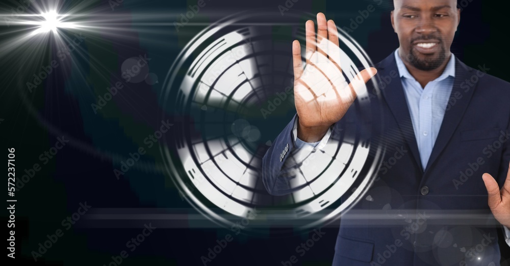 Poster Composition of smiling businessman touching screen with scope scanning