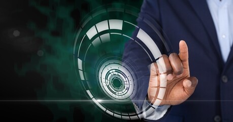 Composition of businessman touching screen with scope scanning