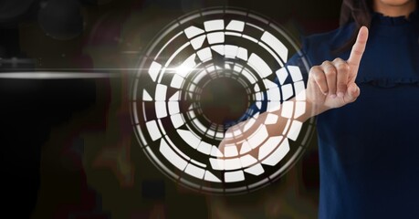 Composition of businesswoman touching screen with scope scanning