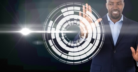 Composition of smiling businessman touching screen with scope scanning