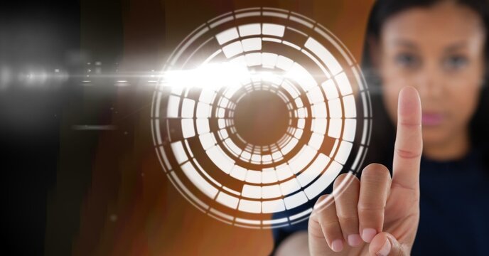 Composition of businesswoman touching screen with scope scanning