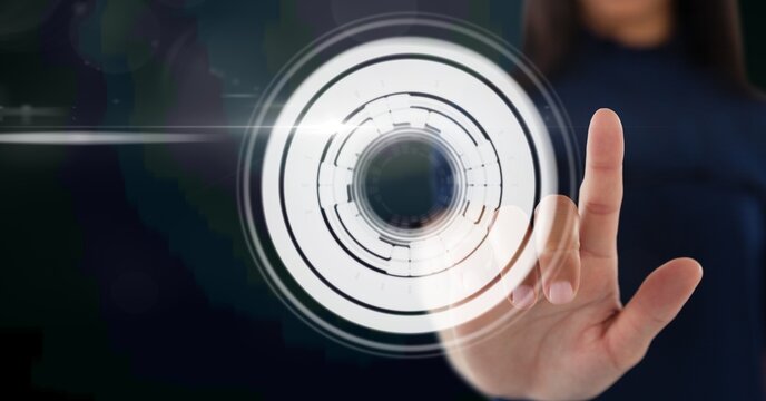 Composition of businesswoman touching screen with scope scanning