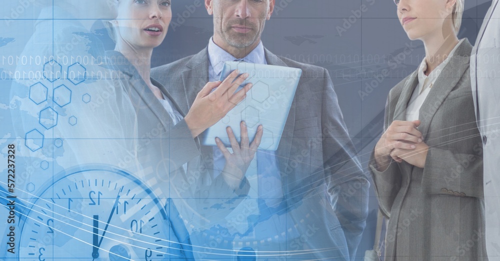 Poster composition of happy diverse business team in meeting over interface with clock and data processing