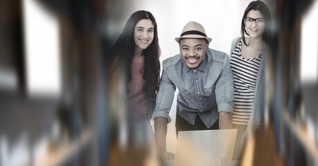 Composition of happy diverse business team using tablet with double exposure