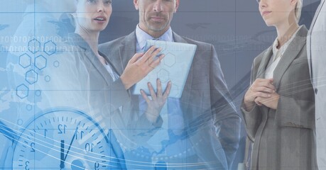 Composition of happy diverse business team in meeting over interface with clock and data processing