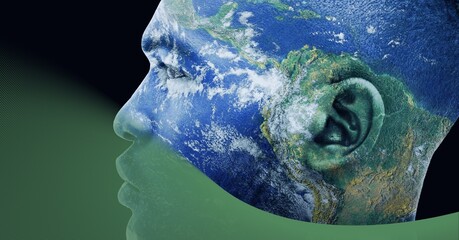 Composition of planet earth on man's face over green background
