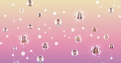 Composition of network of people photographs on pink background