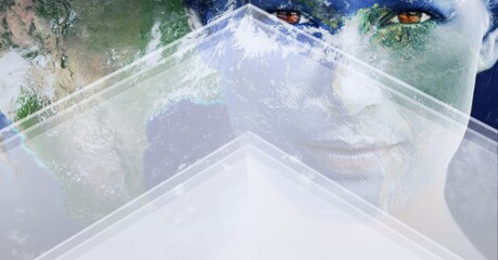 Obraz premium Composition of planet earth on woman's face with arrows on blue background