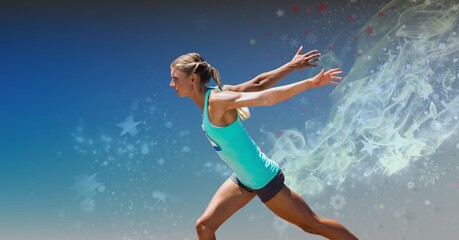 Fototapeta na wymiar Composition of fit caucasian female athlete running with copy space