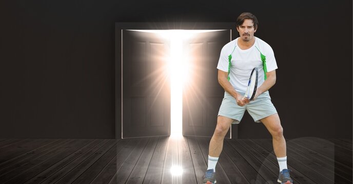 Composition of male tennis player holding tennis racket with light shining through door