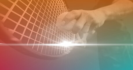 Composition of midsection of tennis player holding ball and tennis racket on tinted background - Powered by Adobe