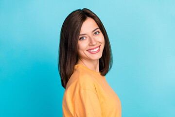 Close up profile side photo of pretty gorgeous lady wear trendy clothes demonstrate beaming grin...