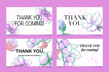 Fototapeta na wymiar Thank you card flowers calligraphy design template set vector thanksgiving greeting lettering