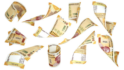 3D rendering of 200 Indian rupee notes flying in different angles and orientations  - obrazy, fototapety, plakaty