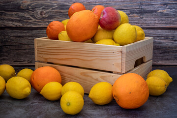 Freshly picked lemons, oranges, tangerines and apples in a Wooden Case.